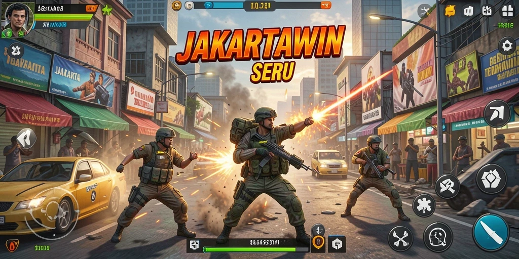 Tampilan gameplay seru dari JAKARTAWIN yang memperlihatkan pertempuran intens.
